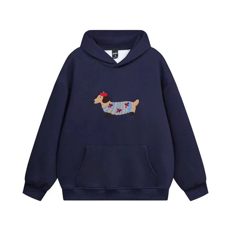 Embroidered Dachshund Hoodie - Oversized Women's Pullover