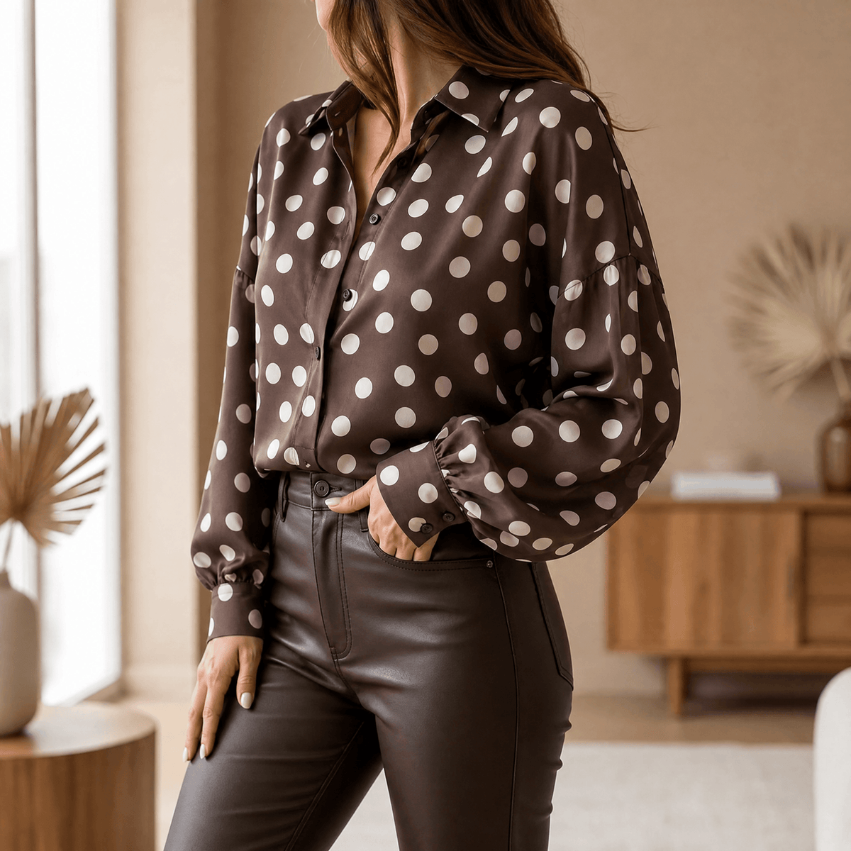 Maisova - Satin Polka Dot Button-Down Women's Blouse