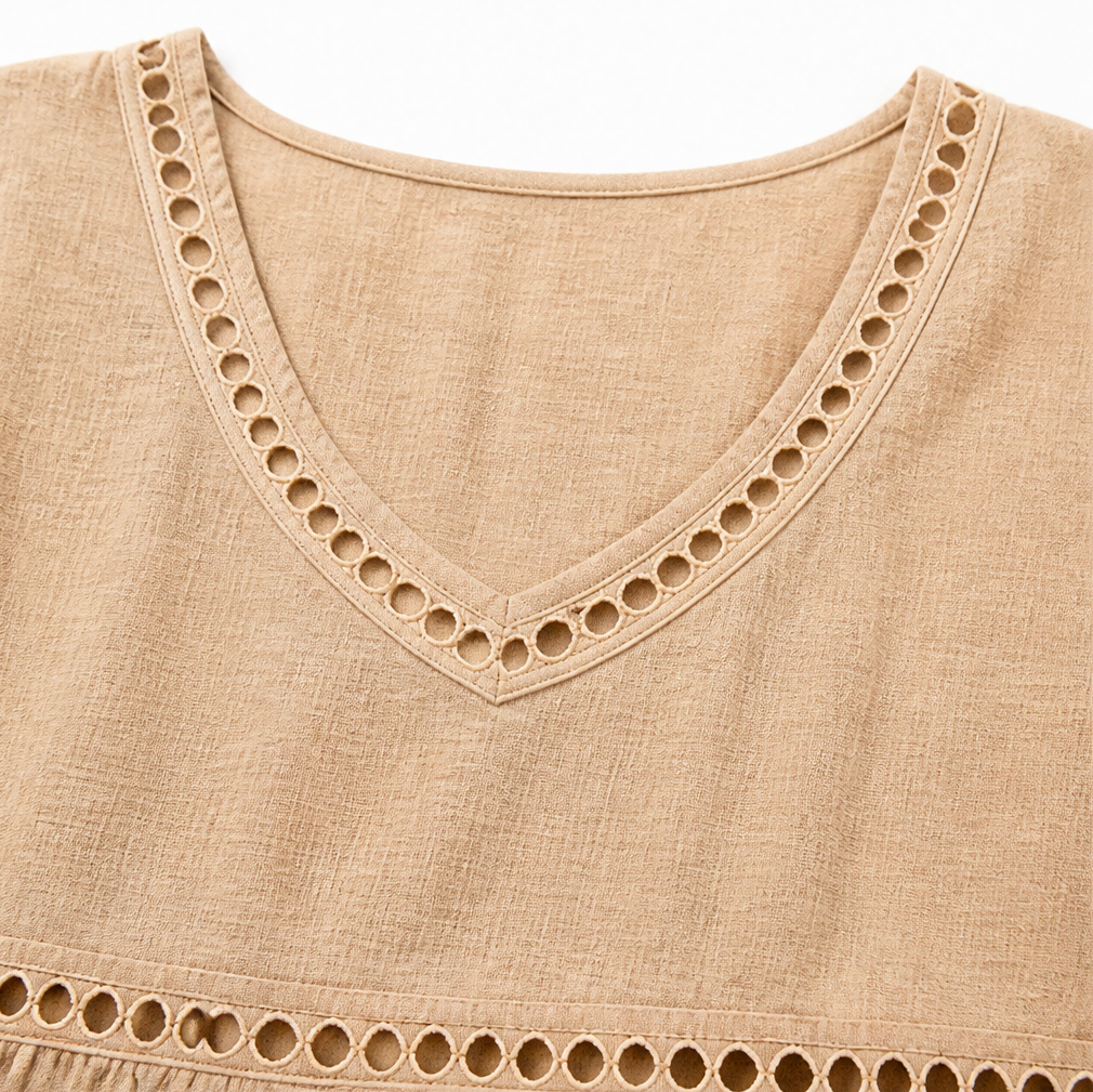 Meloria - Boho Babydoll Top with Eyelet and Fringe Hem