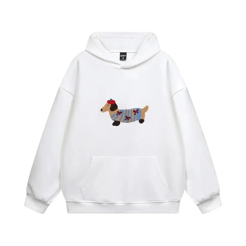 Embroidered Dachshund Hoodie - Oversized Women's Pullover