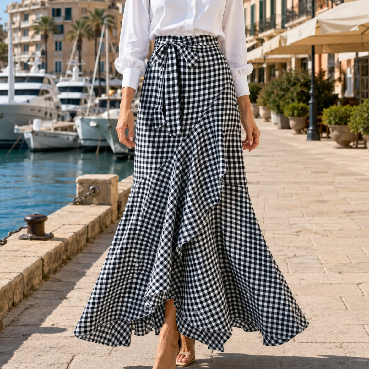 Veluna Gingham Maxi Skirt - Women's Ruffle Maxi Skirt