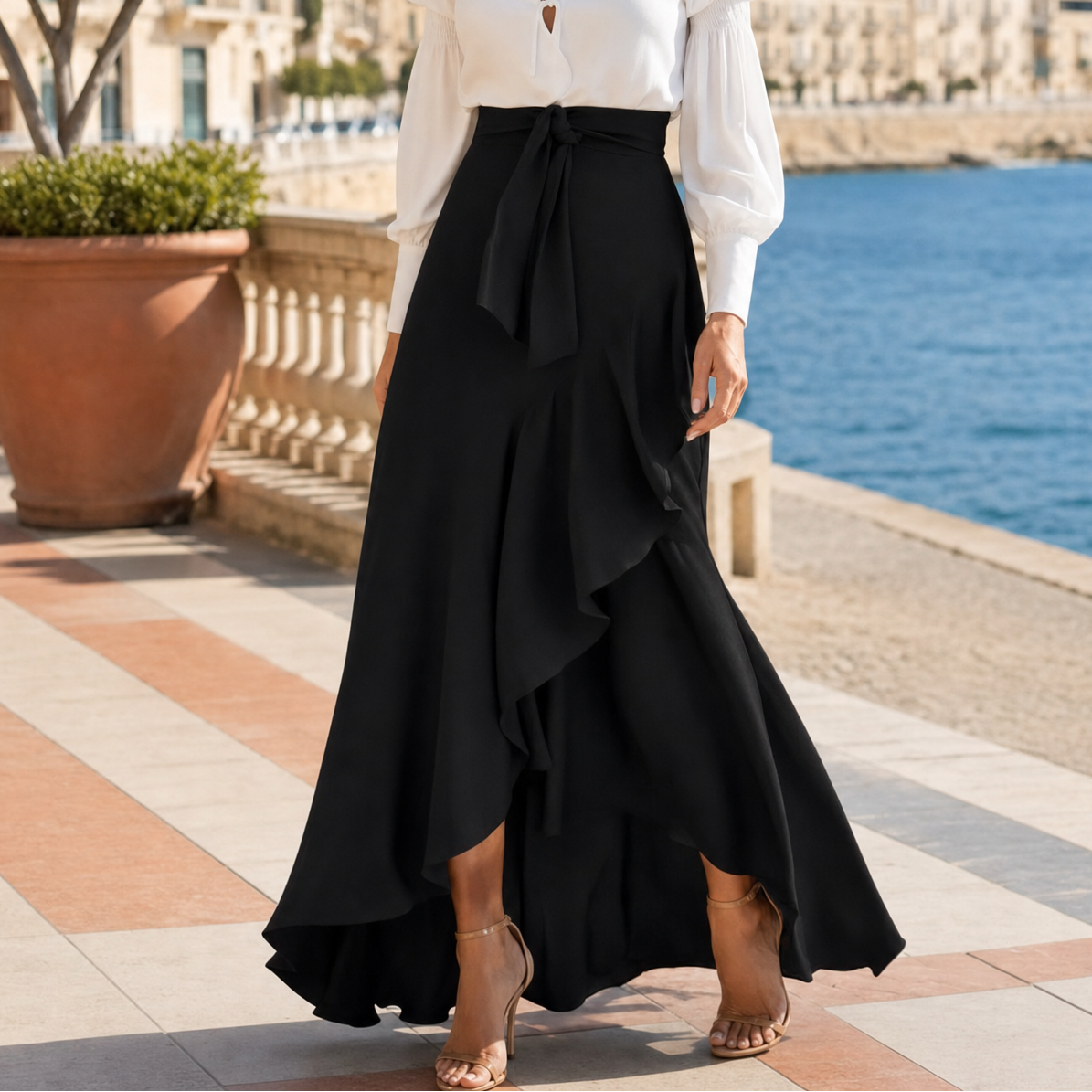 Veluna Gingham Maxi Skirt - Women's Ruffle Maxi Skirt