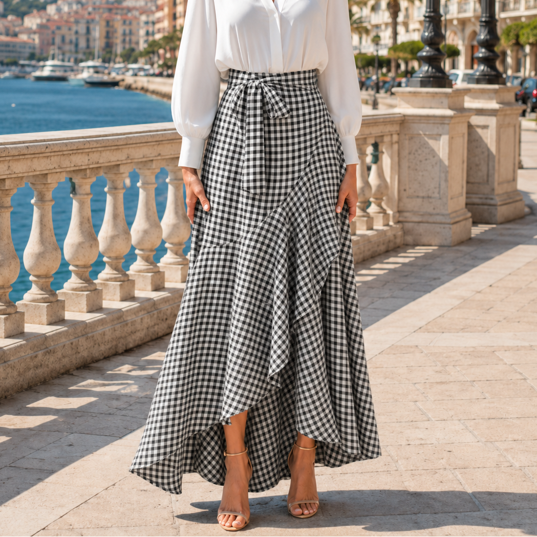 Veluna Gingham Maxi Skirt - Women's Ruffle Maxi Skirt