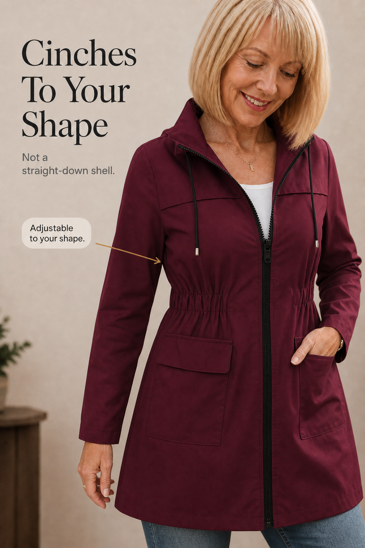 Rainette Hooded Rain Jacket - Drawstring Waist Women's Mac