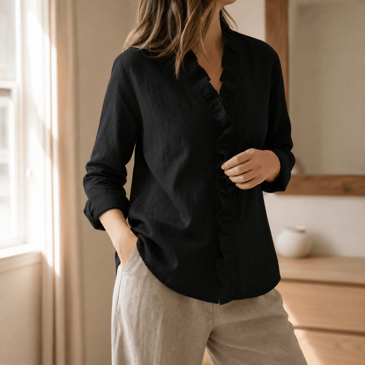 Roselle - Ruffle V-Neck Long Sleeve Women's Blouse