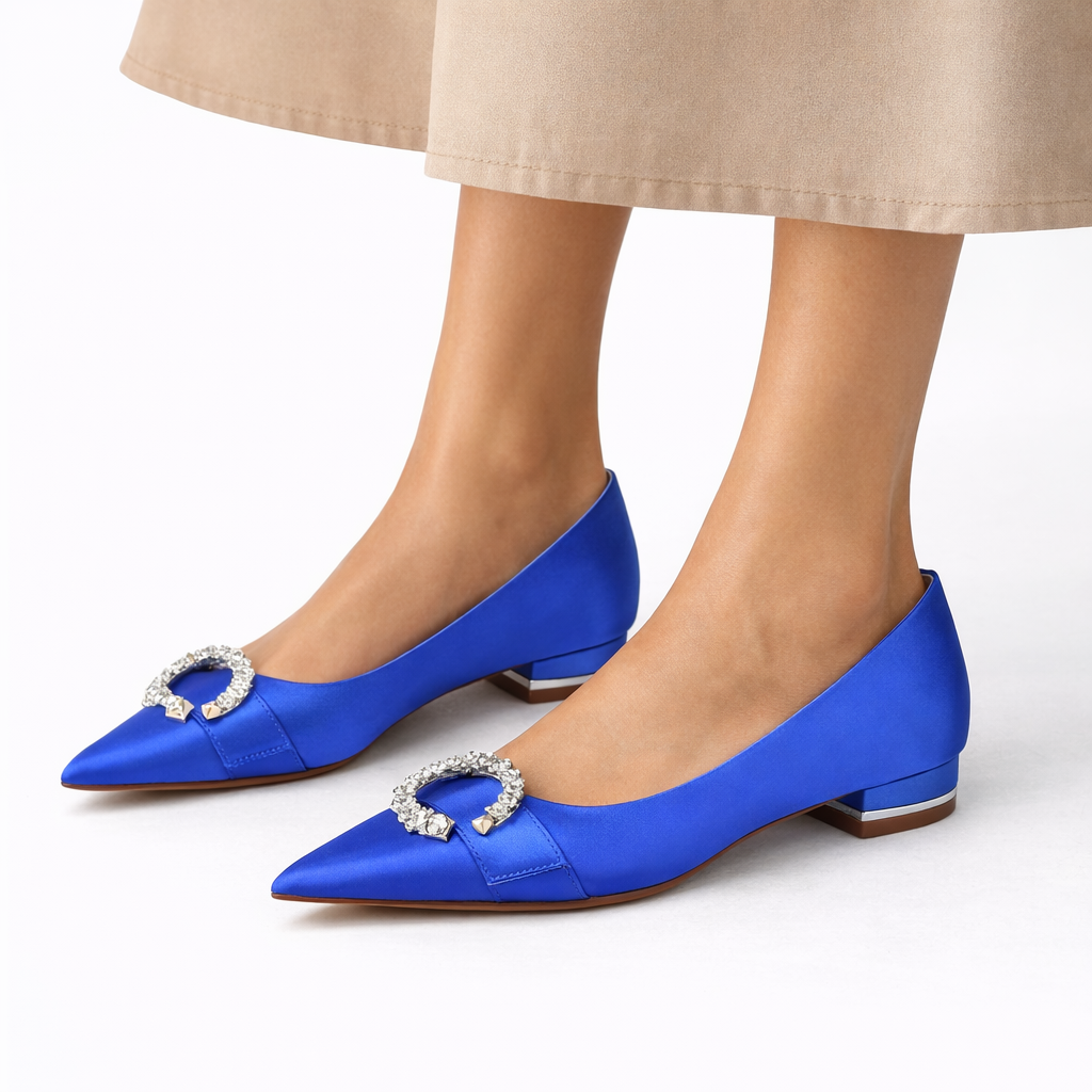 Satin Bridal Flats - Women's Crystal Buckle Shoes