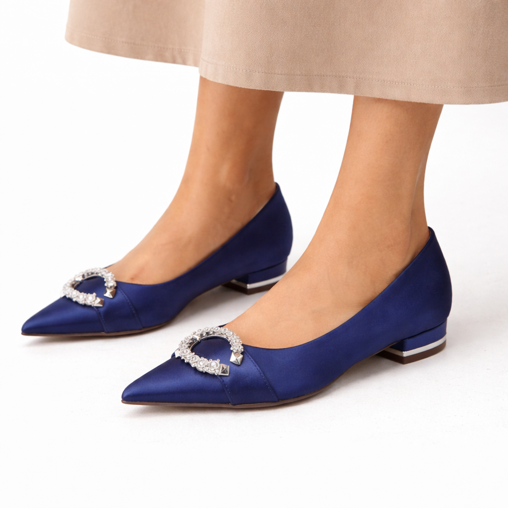Satin Bridal Flats - Women's Crystal Buckle Shoes