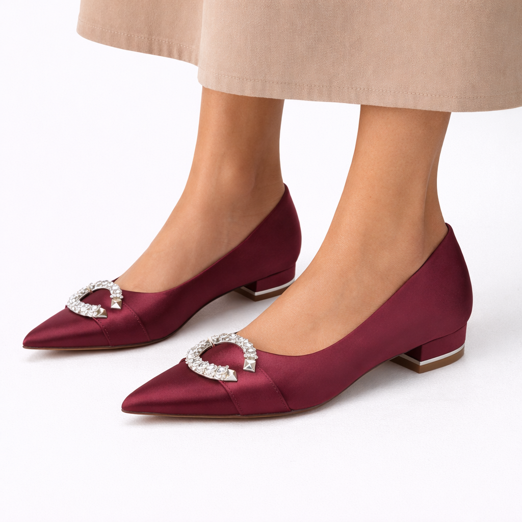 Satin Bridal Flats - Women's Crystal Buckle Shoes