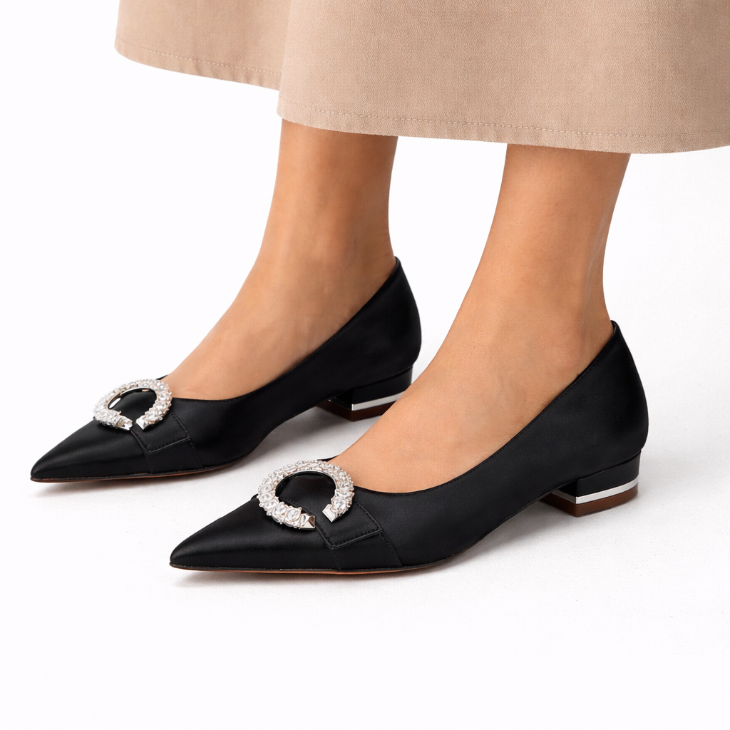 Satin Bridal Flats - Women's Crystal Buckle Shoes