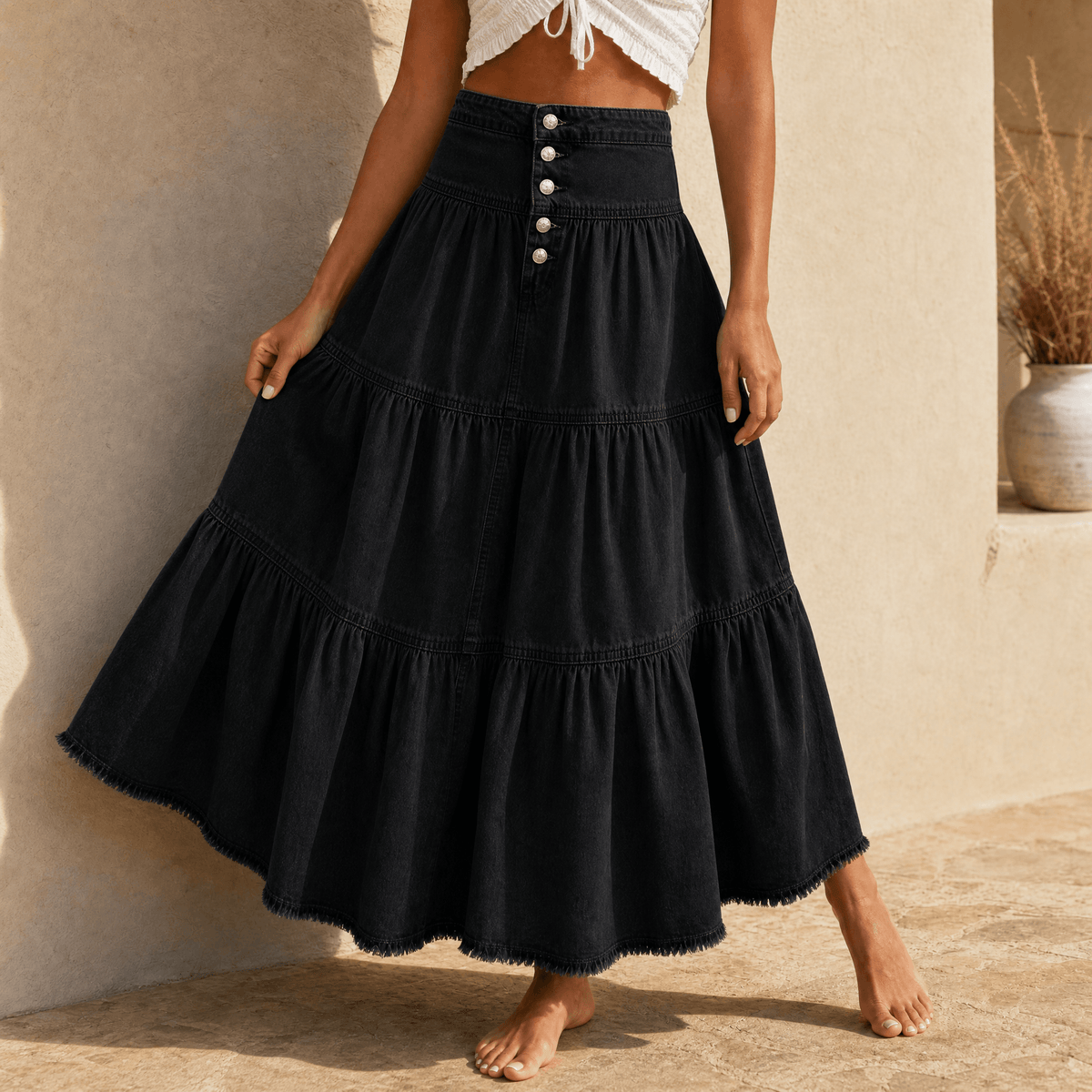 Solera Denim Maxi Skirt - Women's Button Front Tiered Skirt