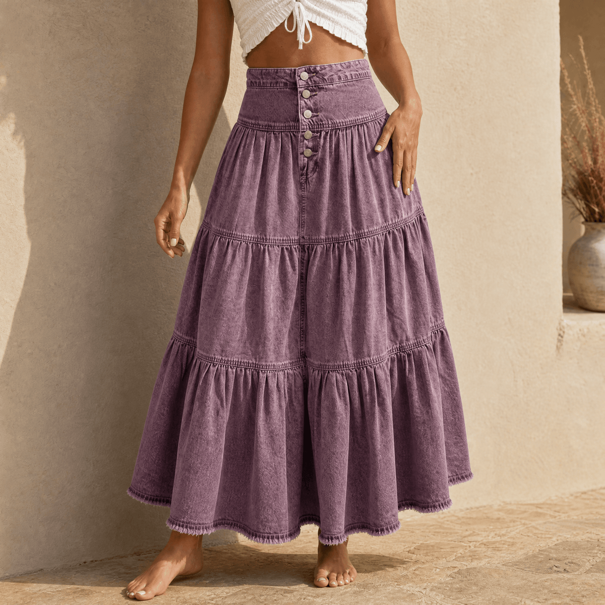Solera Denim Maxi Skirt - Women's Button Front Tiered Skirt