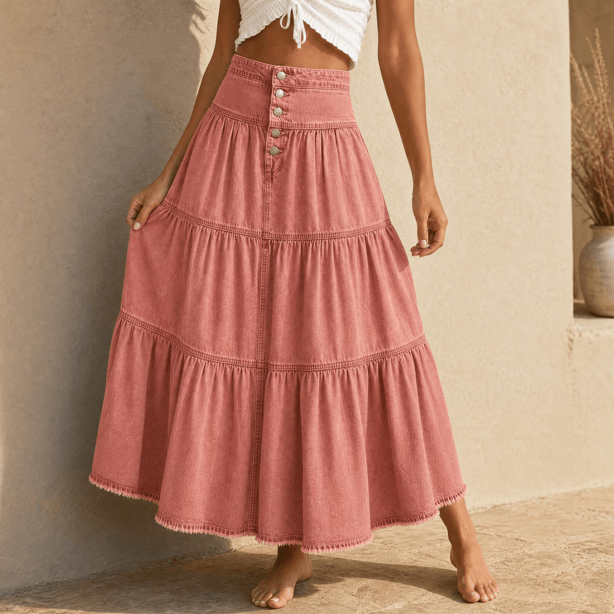Solera Denim Maxi Skirt - Women's Button Front Tiered Skirt