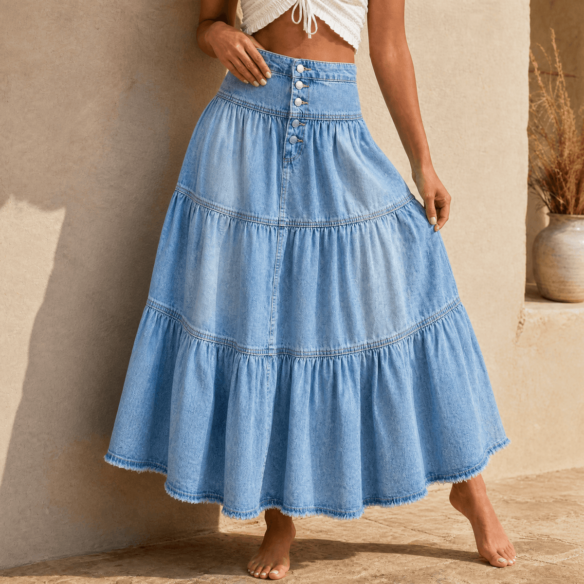 Solera Denim Maxi Skirt - Women's Button Front Tiered Skirt
