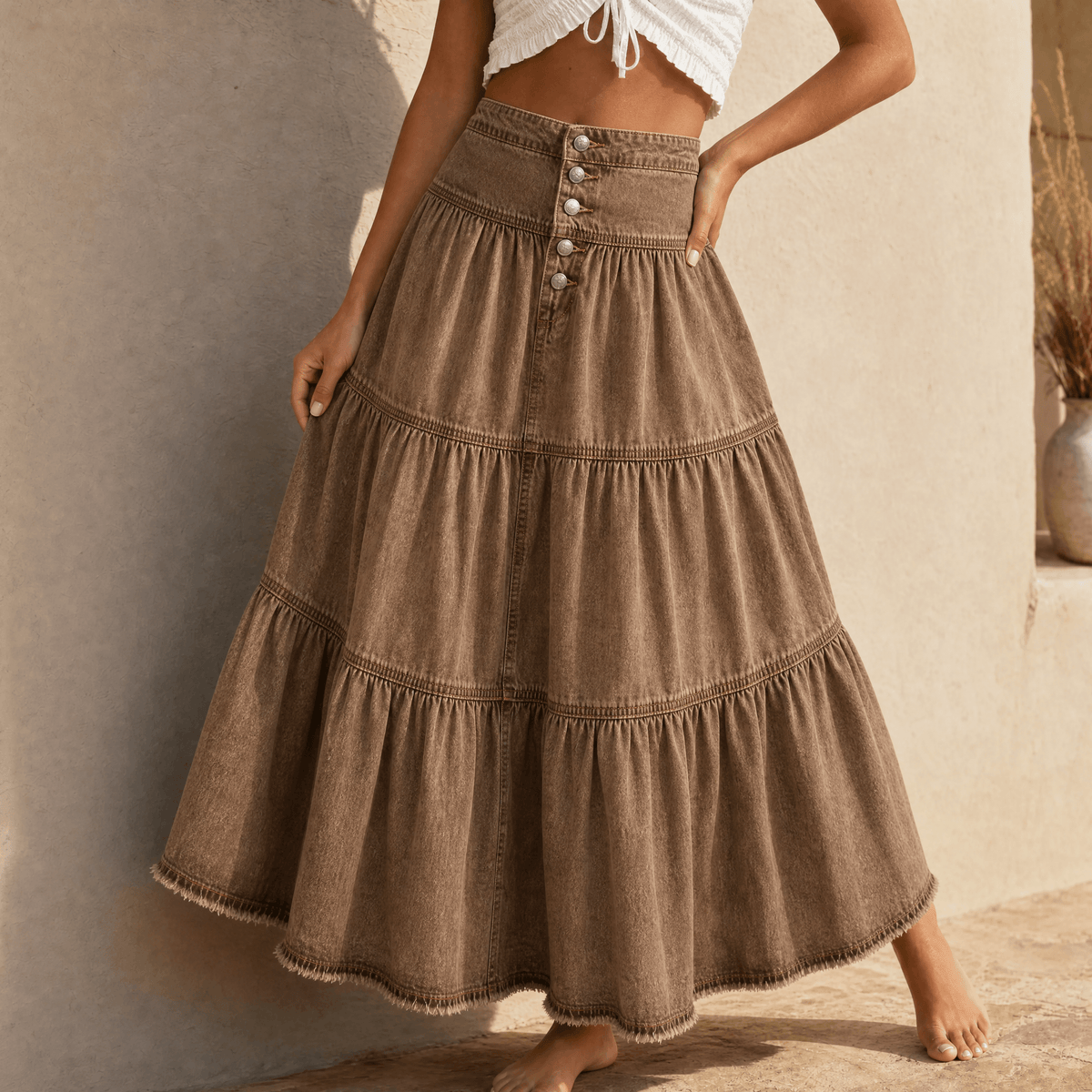 Solera Denim Maxi Skirt - Women's Button Front Tiered Skirt