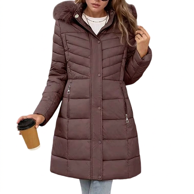 Chevronwarm Longline Puffer Coat - Women's Faux Fur Hood