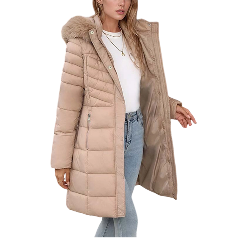 Chevronwarm Longline Puffer Coat - Women's Faux Fur Hood