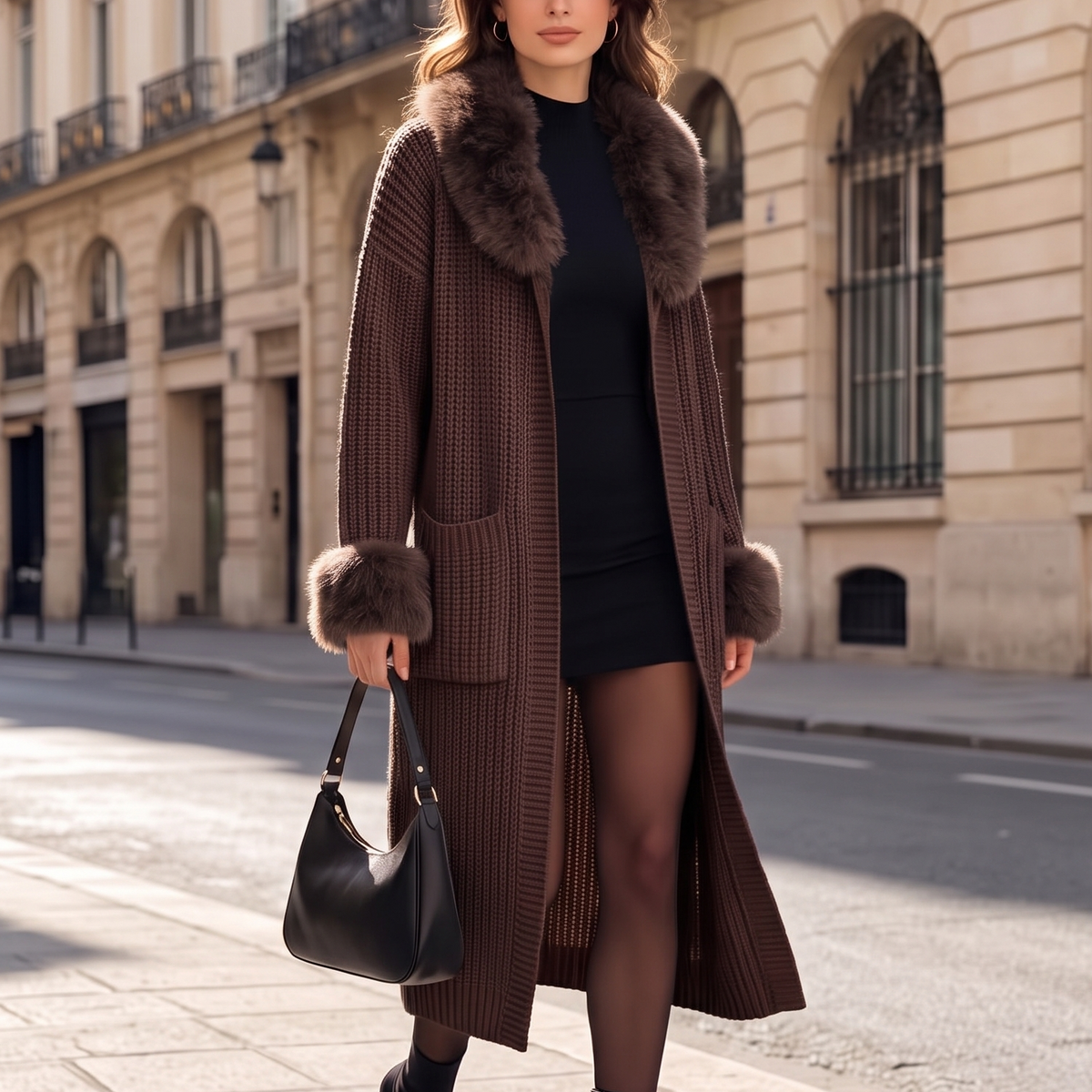 Sailorelle Long Knit Cardigan - Fur Collar Women's Cardigan
