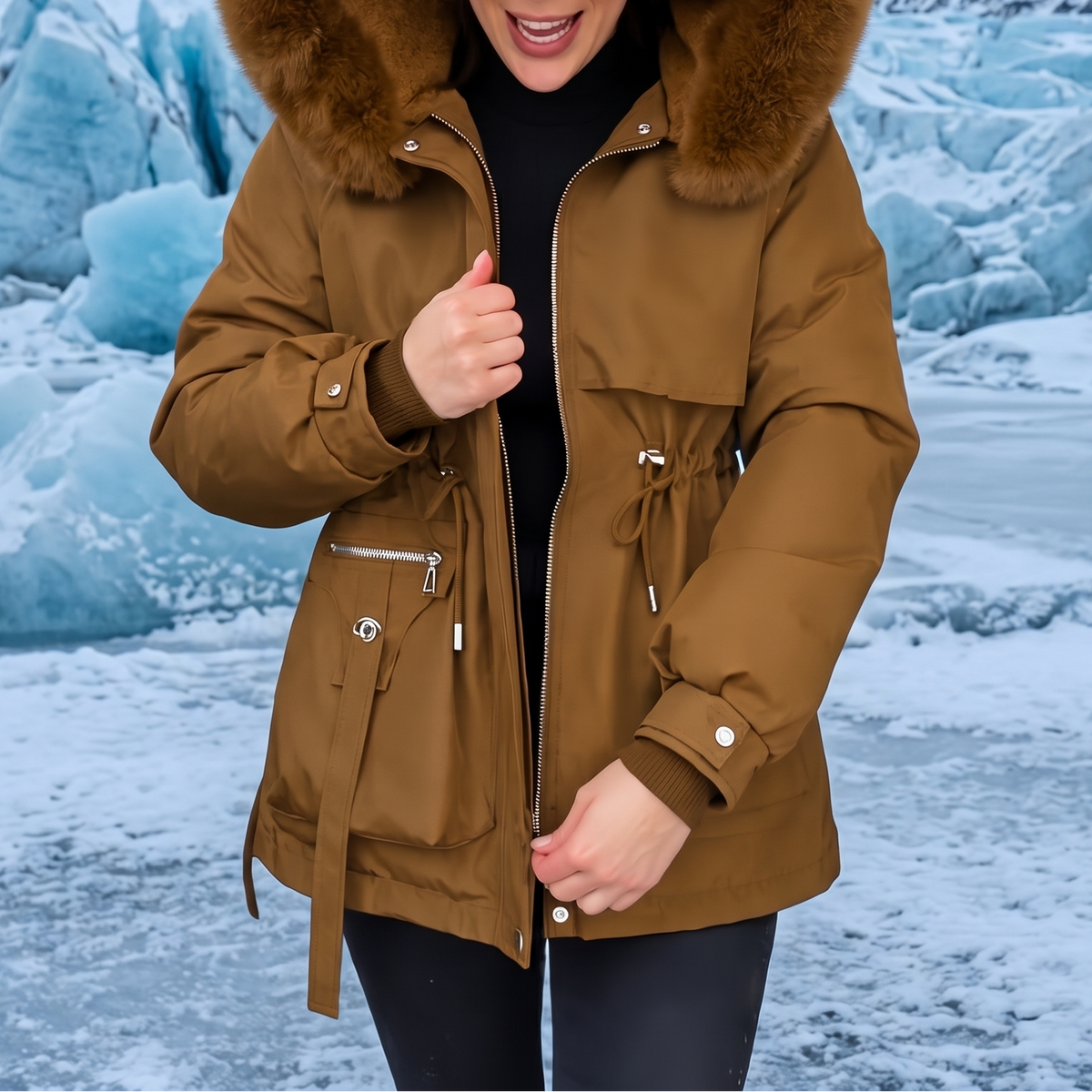 Veluxe Quilted Parka - Women's Faux Fur Hood Cinched Waist