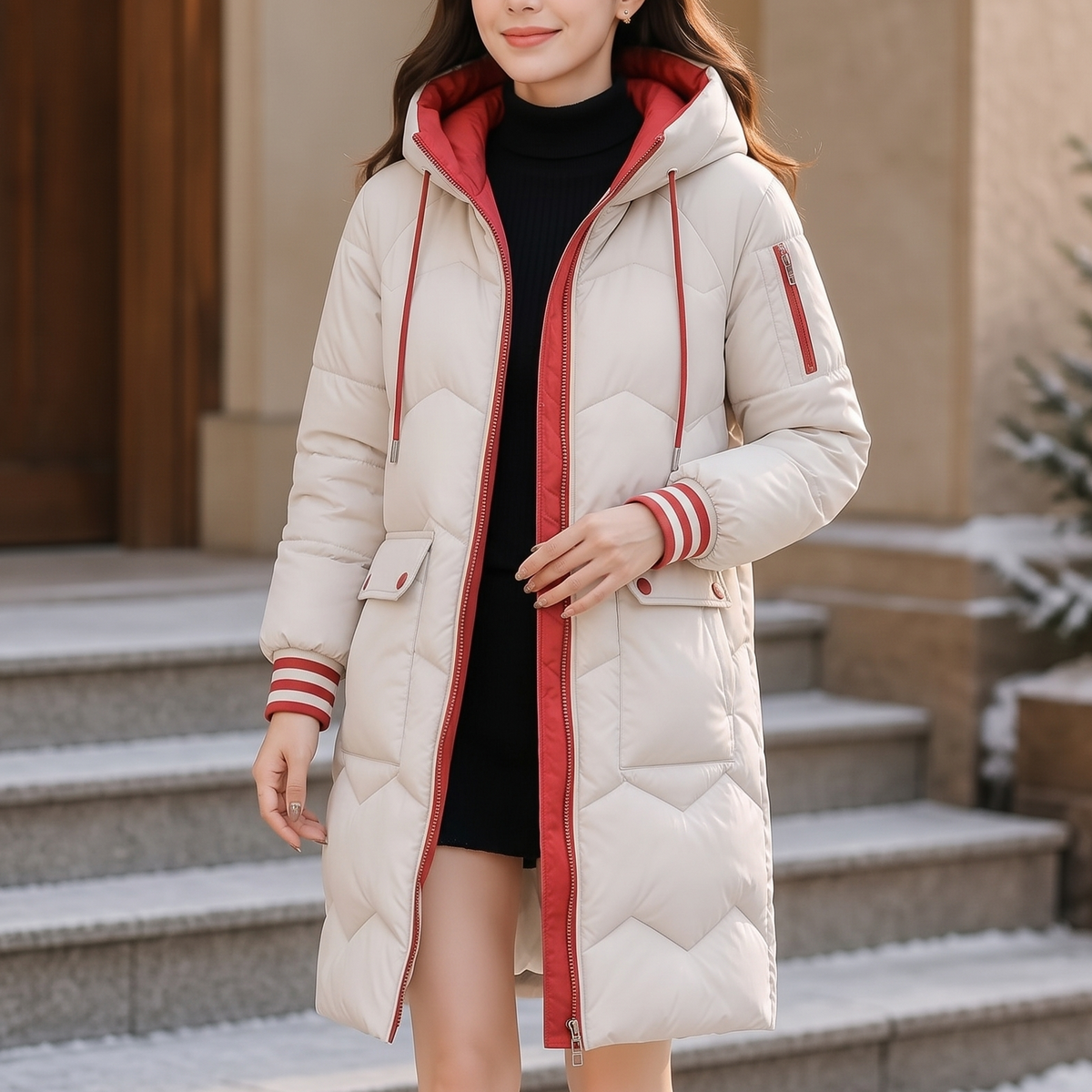 Cozyelle Puffer Coat - Hooded Mid-Length Women's Coat
