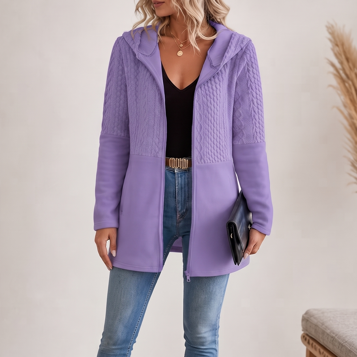Wearbella Cable Knit Zip-Up Hoodie - Women's Longline