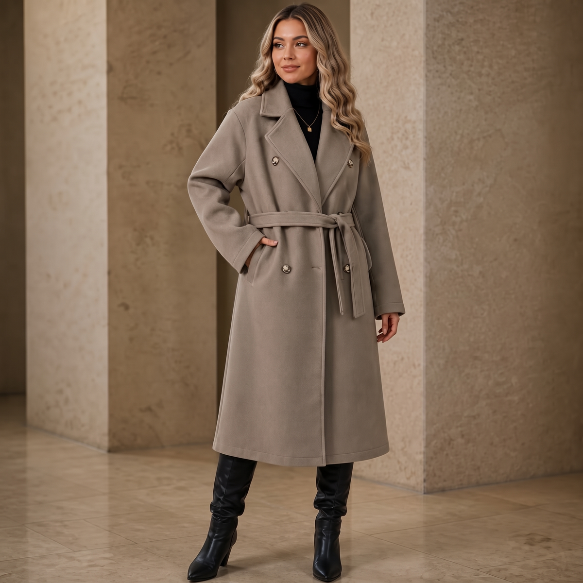 Belted Belle Long Coat - Double-Breasted Women's Coat