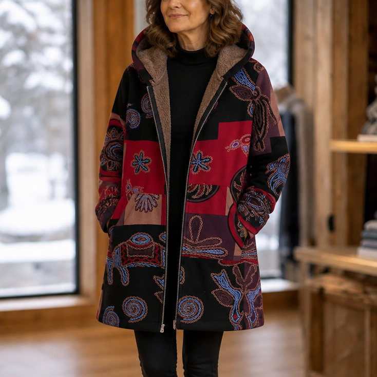Leaf & Loom Printed Winter Coat - Hooded Women's Fleece