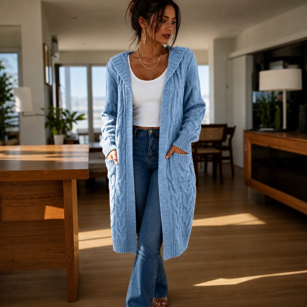 Wrapetta Cable Knit Cardigan - Women's Longline Hooded Knit