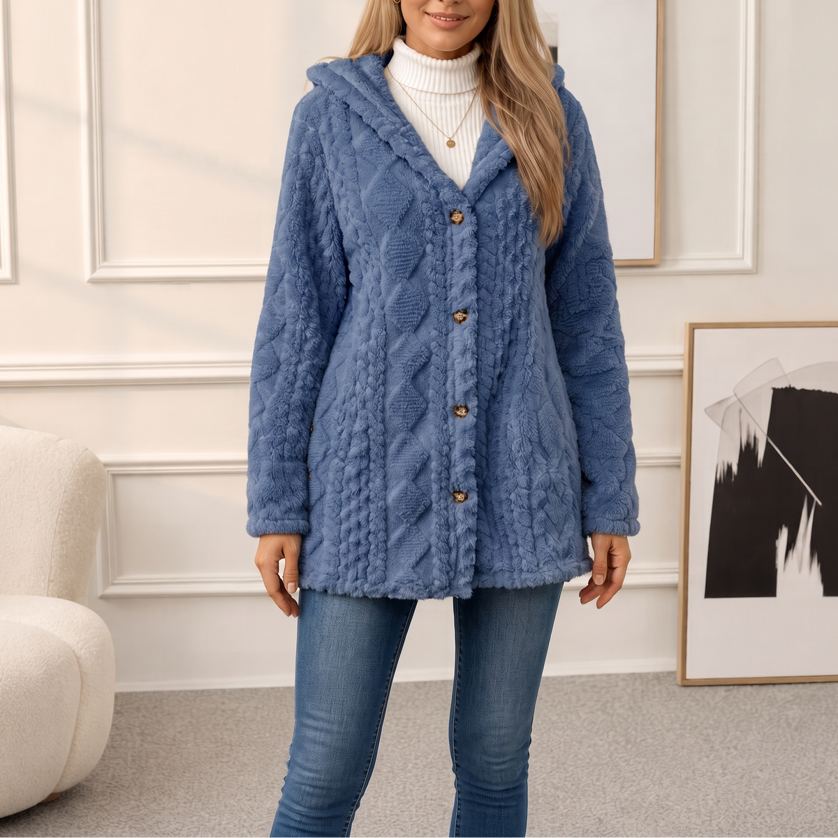 Wearbella Diamond Jacquard Hooded Coat - Women's Plush Coat