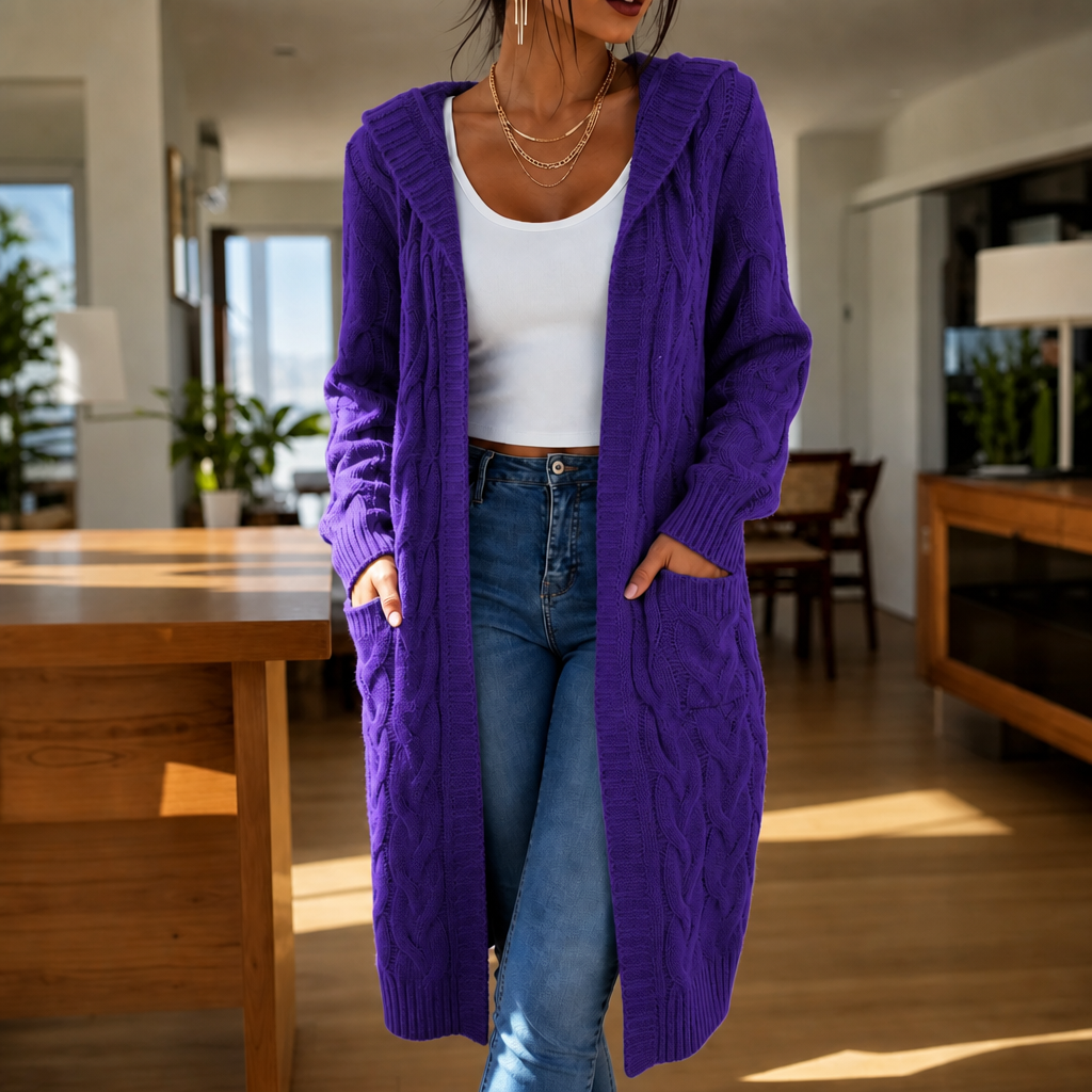 Wrapetta Cable Knit Cardigan - Women's Longline Hooded Knit