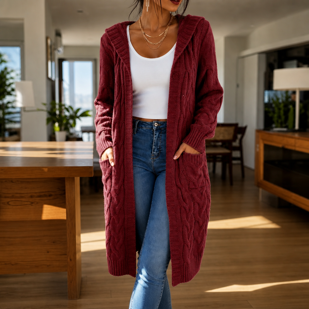 Wrapetta Cable Knit Cardigan - Women's Longline Hooded Knit