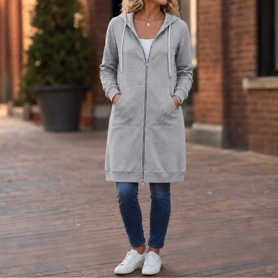 Wrapdown Long Hooded Jacket - Zip Up Women's Longline Coat