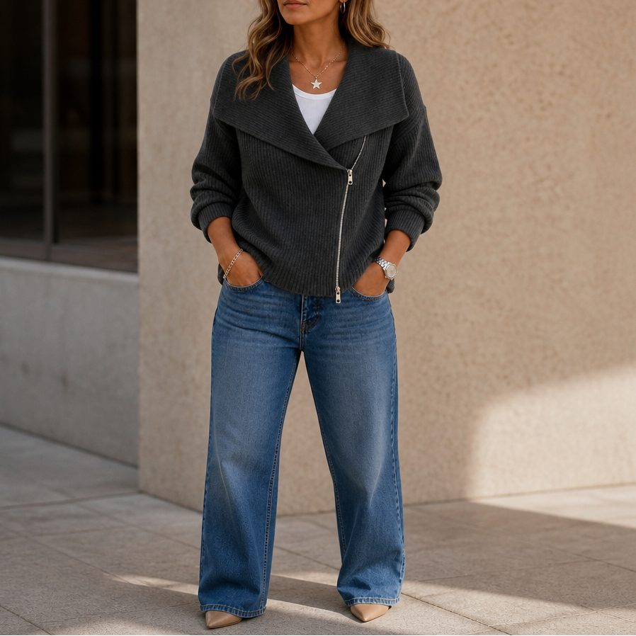 Wearbella Diagonal Zip Knit Jacket - Women's Ribbed Jacket