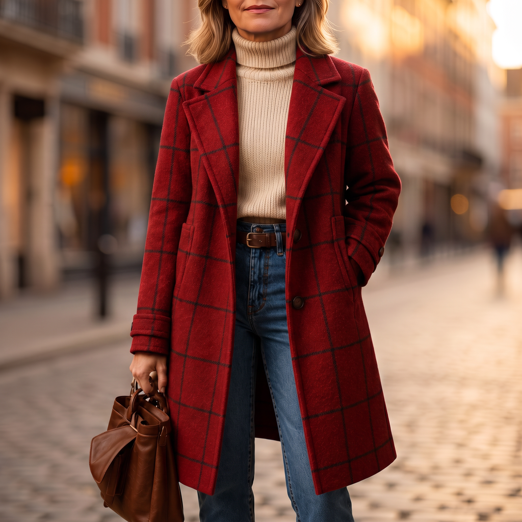 Checkwell Checkered Coat - Two-Button Women's Midi Coat