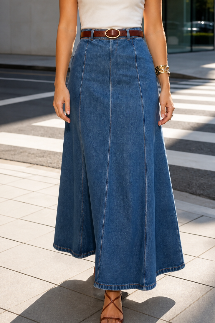 Wearbella Denim Maxi Skirt - Women's High Waist A-Line