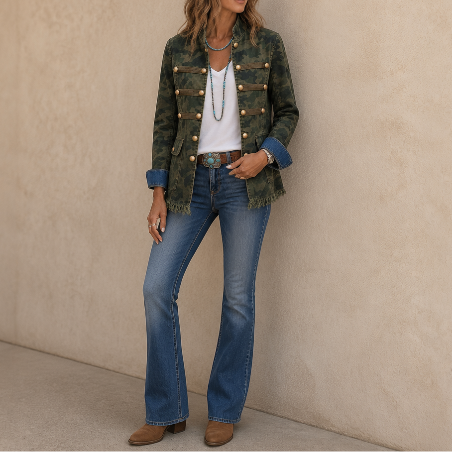 Gilded Rebel Camo Denim Jacket - Gold Button Women's Jacket