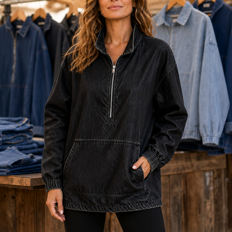 Half-Zip Haven Pullover - Washed Denim-Look Women's Top