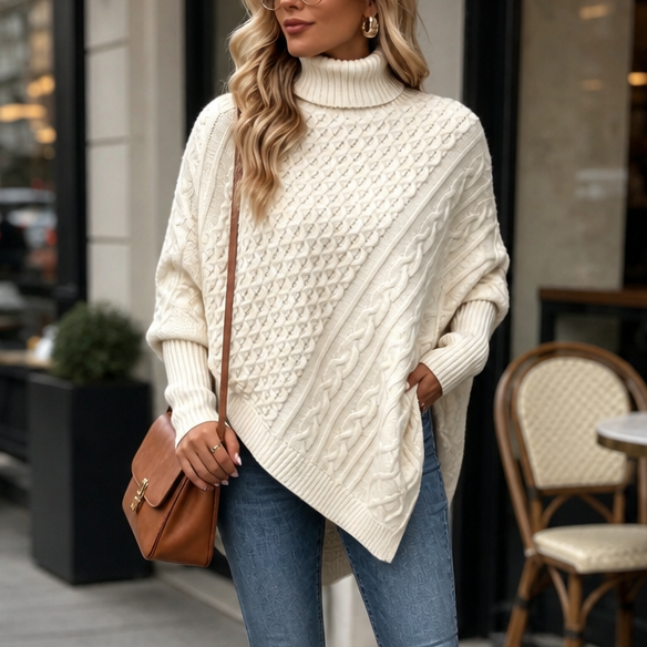 Cabelune Cable Knit Poncho - Women's Asymmetric Jumper