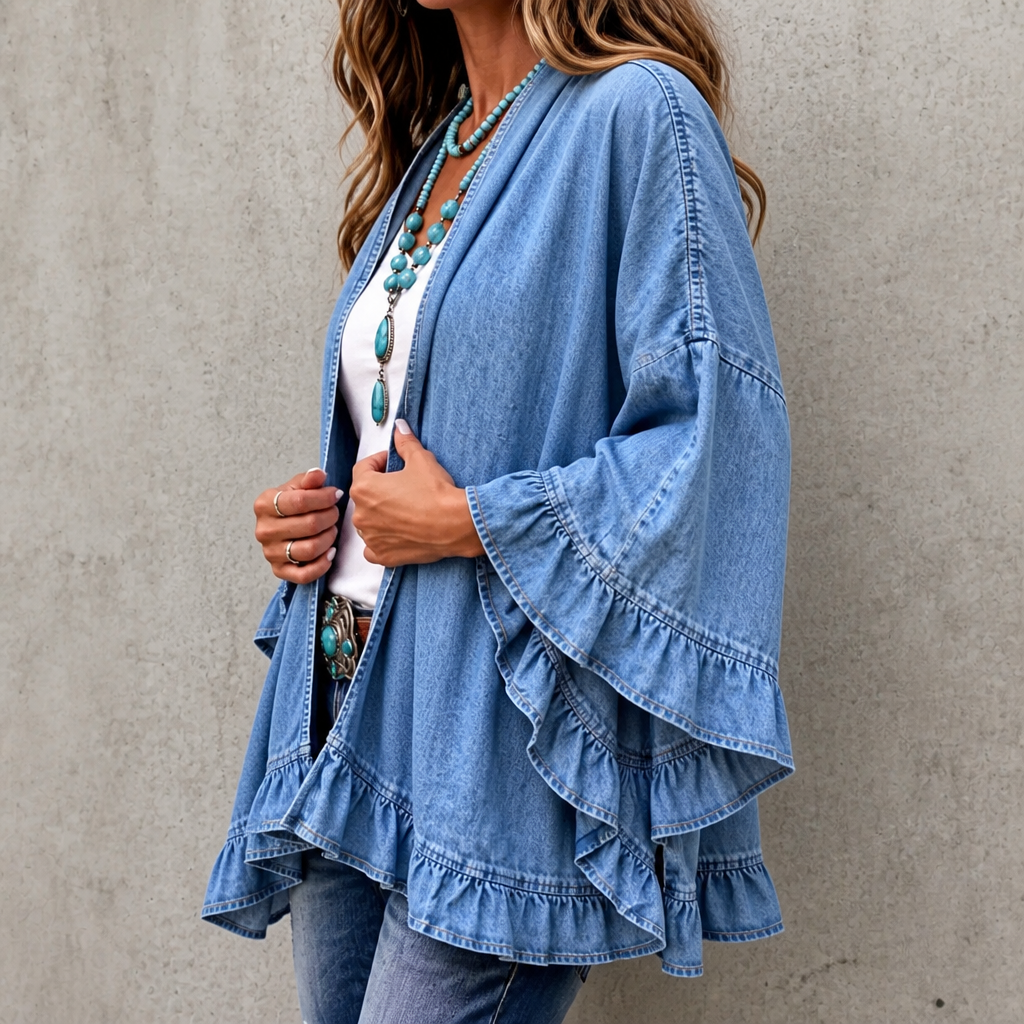 Ruffledenim Cardigan - Women's Ruffle Trim Denim Look Layer