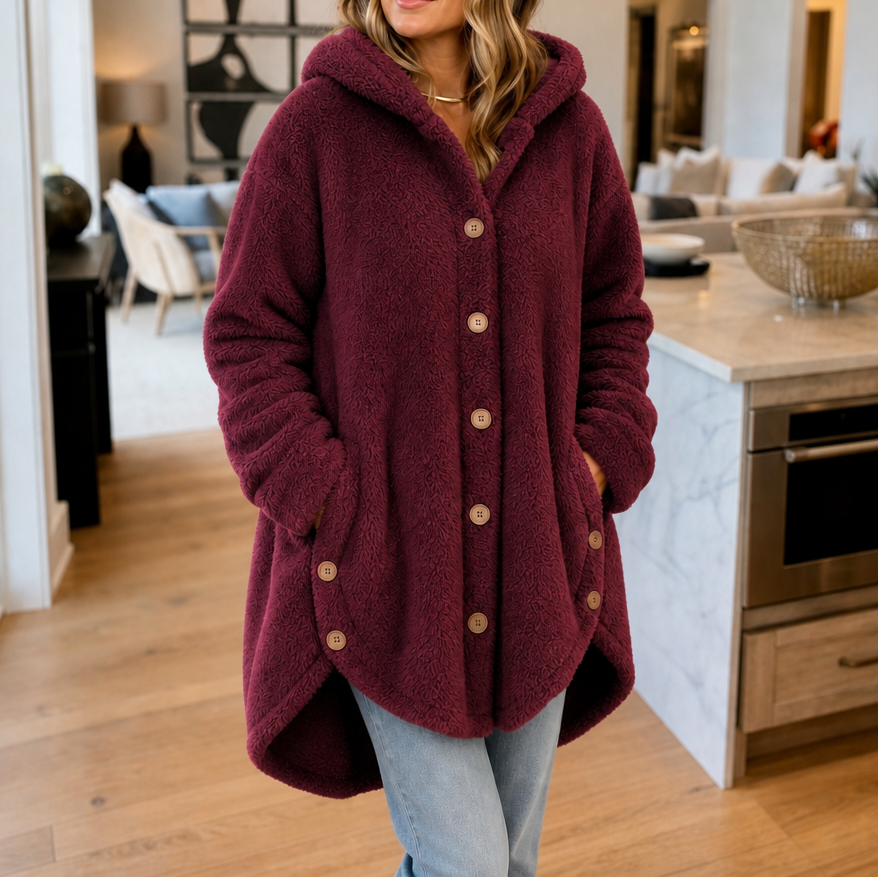 Veluna Hooded Fleece Coat - Asymmetric Button Women's Coat