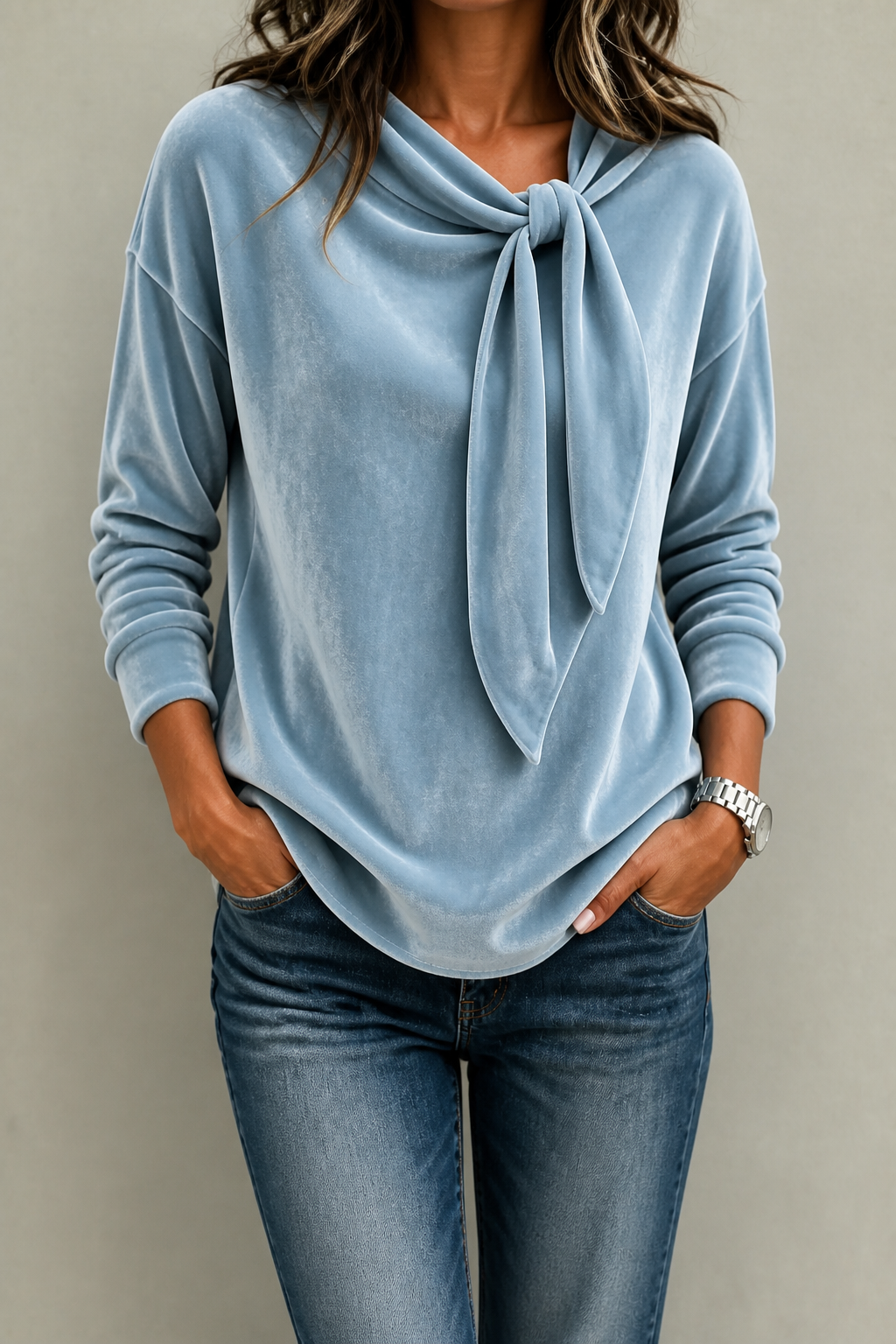 Tievelle - Velvet Tie-Neck Relaxed Women's Blouse