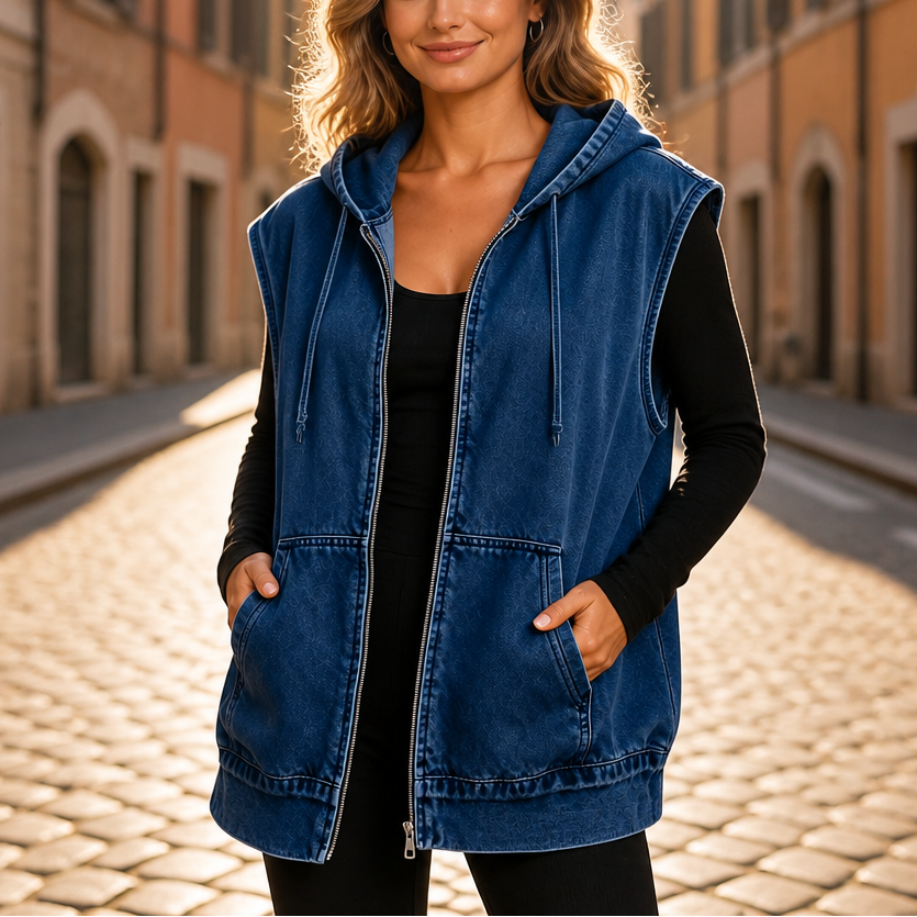 Wearbella Hooded Denim Look Vest - Women's Oversized Gilet