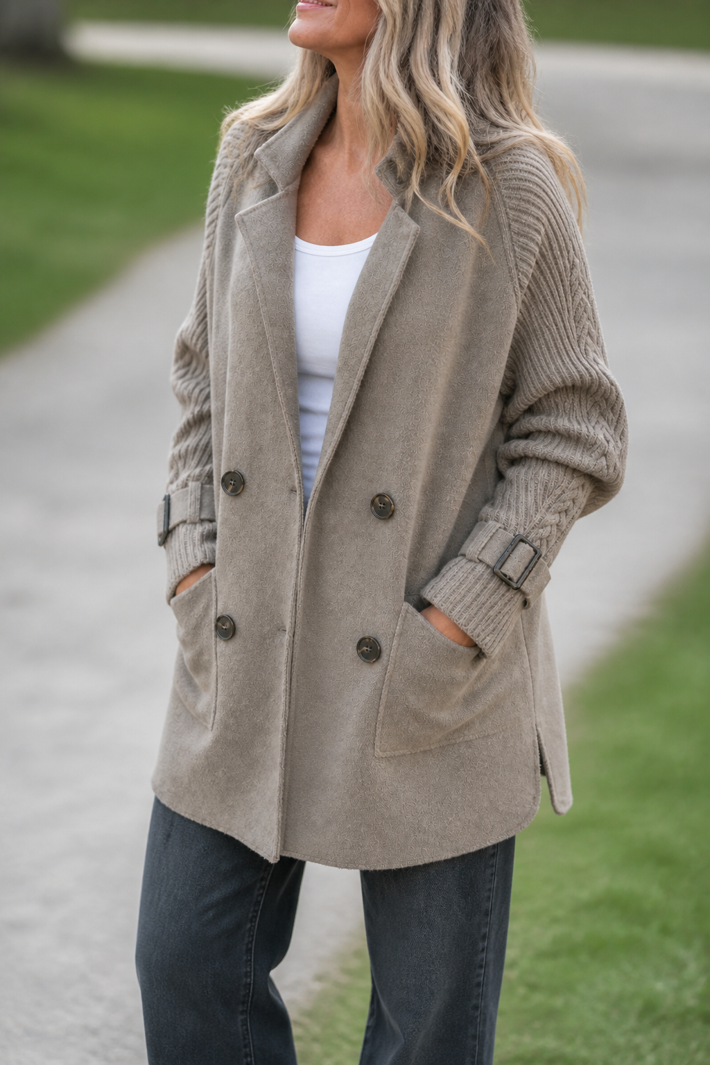 Isola Knit Sleeve Coat - Women's Double Breasted Long Coat