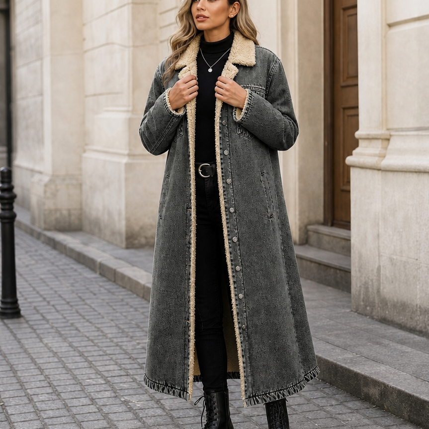 Denora Sherpa Lined Denim Coat - Women's Long Denim Coat