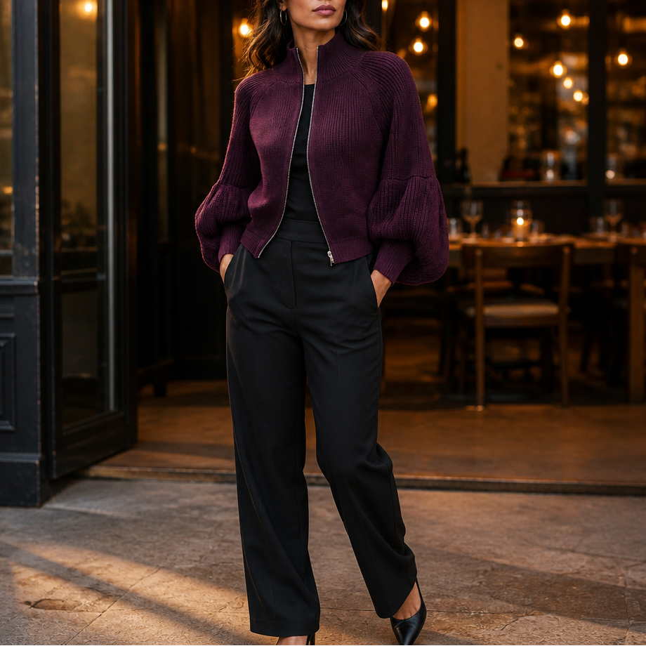 Lantera Lantern Sleeve Cardigan - Zip Up Women's Knit