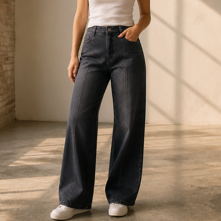 Longline Wide Leg Jeans - High Waisted Seam Women's Jeans