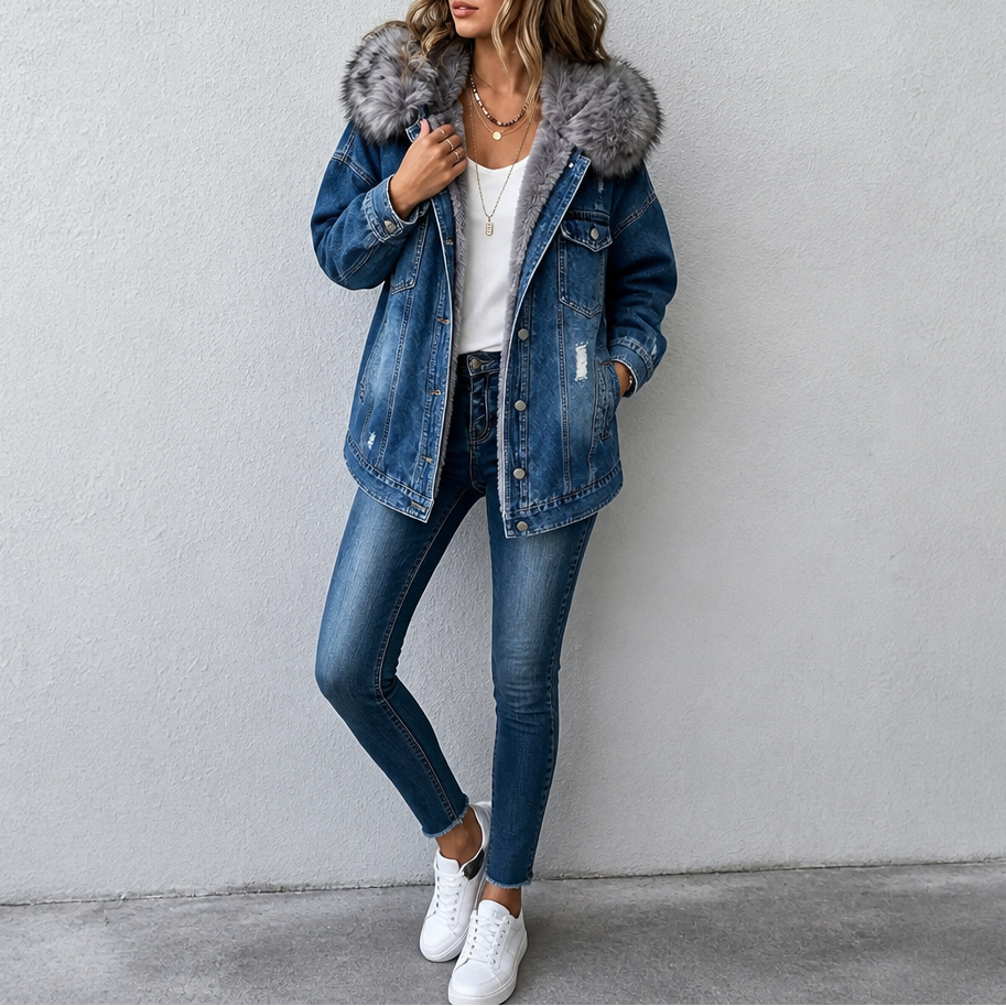 Wearbella Fur Collar Denim Jacket - Women's Hooded Jacket