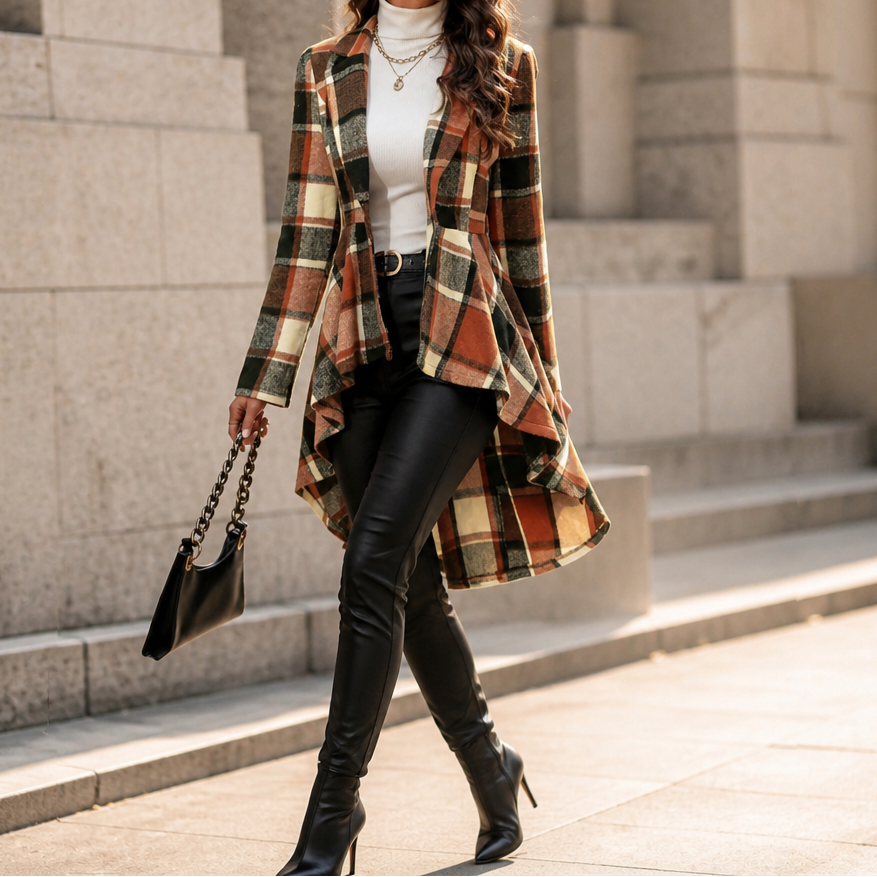 Cinchella Plaid Peplum Coat - Women's High Low Waist Coat