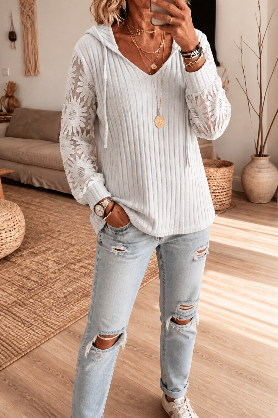 Lunetta Lace Sleeve Hoodie - Women's Knit Cardigan