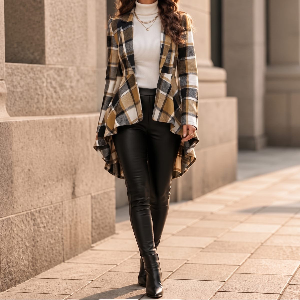 Cinchella Plaid Peplum Coat - Women's High Low Waist Coat