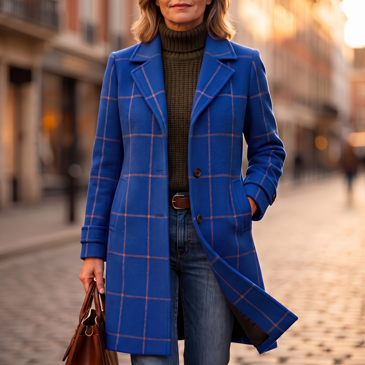Checkwell Checkered Coat - Two-Button Women's Midi Coat